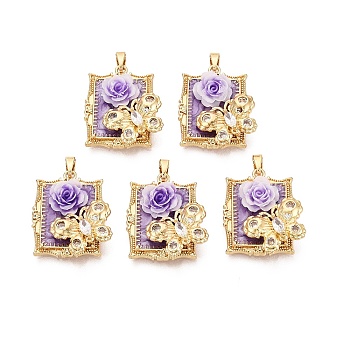 Brass Enamel Pendants, Rectangle & Flower & Butterfly Charms, with Resin & Micro Pave Cubic Zirconia, Real 18K Gold Plated, Medium Purple, 23.5x20.5x7.5mm, Hole: 5x2.5mm