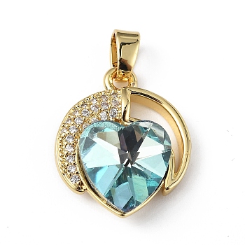 Real 18K Gold Plated Rack Plating Brass Micro Pave Clear Cubic Zirconia Pendants, with Glass, Long-Lasting Plated, Cadmium Free & Lead Free, Heart Charm, Cyan, 21x17.5x8mm, Hole: 5x3mm