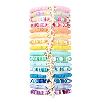 16Pcs 16 Styles Summer Starfish Synthetic Turquoise Bracelet Sets, Handmade Polymer Clay Beaded Stretch Stackable Bracelets, Mixed Color, Inner Diameter: 1-7/8 inch(4.7cm), 1pc/style