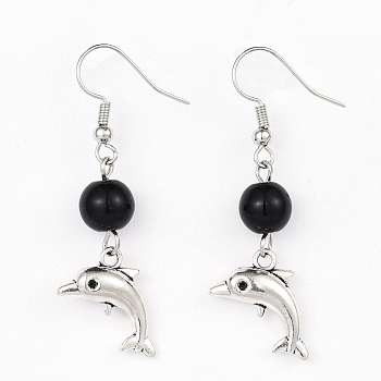 Alloy Dangle Earrings, with Glass Beads and Brass Earring Hooks, Dolphin, Black, 50mm, Pin: 0.6mm