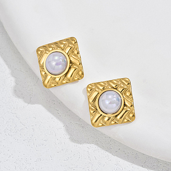 Rhombus 304 Stainless Steel Stud Earrings, with Imitation Pearl, Real 18K Gold Plated, 18x18mm