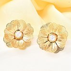 Brass Glass Stud Earrings, Flower, Nickel Free, Real 18K Gold Plated, Clear, 34mm(EJEW-F391-06G-01)