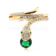 Brass Micro Pave Cubic Zirconia Cuff Rings, Open Rings, Snake, Golden, Green, US Size 5 3/4(16.3mm), 2~22mm(RJEW-K233-32G)