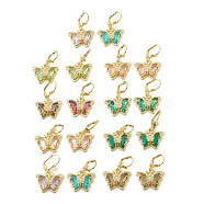 Brass Micro Pave Clear Cubic Zirconia Leverback Earrings, with Glass, Butterfly, Golden, Mixed Color, 34mm, Pin: 1mm(ZIRC-I050-14G)
