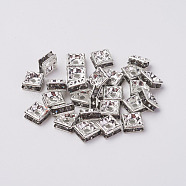 Brass Rhinestone Spacer Beads, Grade A, Silver Color Plated, Square, Black Diamond, 6x6x3mm, Hole: 1mm(RB-A013-6x6-12S)