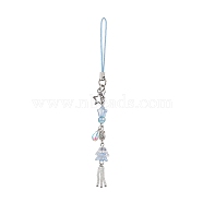 Glass Beads Pendant Mobile Straps, Tibetan Style Alloy Flat Round Carved Vortex Beads and Zinc Alloy Lobster Claw Clasps, Sky Blue, 140mm(HJEW-JM01807-02)