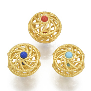Brass Beads, with Resin, Hollow, Flat Round, Matte Style, Matte Gold Color, Mixed Color, 10x10.5mm, Hole: 2.5mm(KK-S310-17)