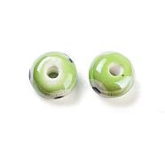 Handmade Porcelain Beads, Famille Rose Style, Rondelle with Eye, Green Yellow, 9x9x5.5mm, Hole: 2mm, 2pcs/ set(PORC-O005-07)