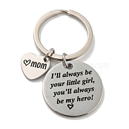 Mother's Day Gift 201 Stainless Steel Heart with Word Mom Keychains, with Iron Key Rings, Flat Round, 6cm(KEYC-E040-01P-03)