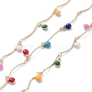 Handmade Brass Curved Bar Link Chains, with Colorful Enamel Flat Round Charms, Soldered, with Spoo, Light Gold, 17.5x4x1mm, about 16.40 Feet(5m)/Roll(CHC-R135-02KCG)