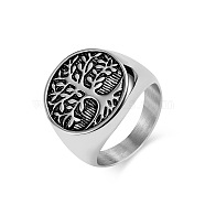 Retro Titanium Steel Tree of Life Finger Ring, Wide Band Ring, Antique Silver, Inner Diameter: 19mm(FIND-PW0020-06C-AS)