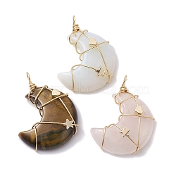Natural Mixed Gemstone Copper Wire Wrapped Pendants, Moon Charms with Light Gold Tone Brass Heart & Star Beads, 44~45x33x10.5~11.5mm, Hole: 4.5~5mm(PALLOY-JF02577-01)
