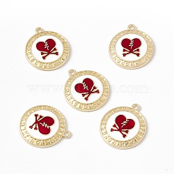 Halloween Alloy Enamel Pendants, Flat Round with Heart, Light Gold, 23x20x1.5mm, Hole: 1.6mm(FIND-G024-01LG)