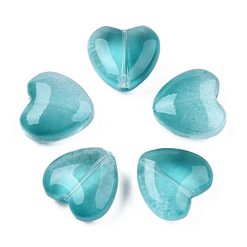 Transparent Spray Painted Glass Beads, Heart, Dark Cyan, 12x12x5.5mm, hole: 0.9~1mm