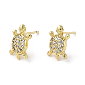 Rack Plating Brass Tortoise Stud Earrings with Cubic Zirconia, Lead Free & Cadmium Free, Real 18K Gold Plated, 13x8.5mm