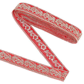 Ethnic Style Embroidery Polyester Ribbons, Jacquard Ribbon, Garment Accessories, Floral Pattern, FireBrick, 1-1/8 inch(30mm)