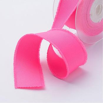 Polyester Frayed Grosgrain Ribbons, Printed, with Fringe Tassel, Hot Pink, 5/8 inch(16mm), about 50yards/roll(45.72m/roll)