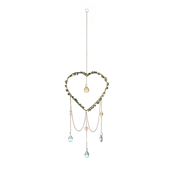 Crystal Chandelier Glass Teardrop Pendant Decorations, Hanging Sun Catchers, with Natural Green Aventurine Chips Beads, Heart, 556mm