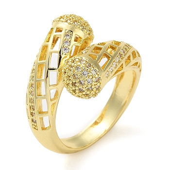 Rack Plating Brass Micro Pave Cubic Zirconia Open Cuff Rings, Real 18K Gold Plated, US Size 6 3/4(17.1mm)