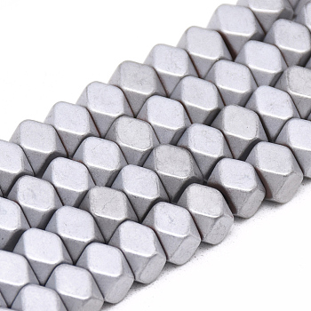 Electroplate Non-magnetic Synthetic Hematite Beads Strands, Matte Style, Polygon, Platinum Plated, 5x6x6mm, Hole: 2mm, about 80pcs/strand, 15.7 inch