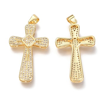 Brass Micro Pave Clear Cubic Zirconia Pendants, Cross with Rhombus, Real 18K Gold Plated, 35x20x4mm, Hole: 3mm