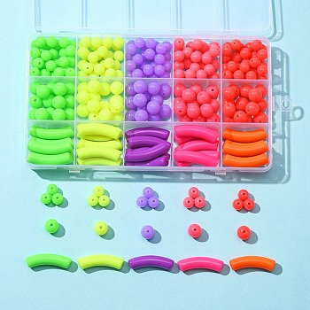 255Pcs 15 Style Fluorescent Acrylic Beads, Round & Curved Tube, Mixed Color, 8~32x8~10x8~10mm, Hole: 1.5~2mm