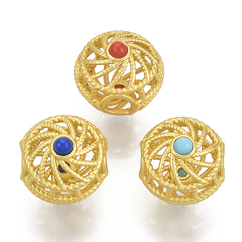Brass Beads, with Resin, Hollow, Flat Round, Matte Style, Matte Gold Color, Mixed Color, 10x10.5mm, Hole: 2.5mm