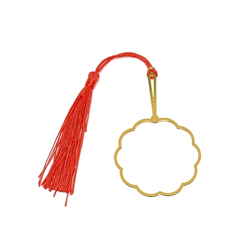 Chinese Ancient Hand Fan Shape Brass Wire Wrap Metal Bookmark with Tassel for Book Lover, Golden, Red, 217mm