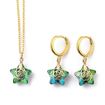 Electroplate Star Glass Jewelry Sets, Brass Cable Chains Pendant Necklaces & Hoop Earrings, with Brass Ice Pick Pinch Bails and Huggie Hoop Earring Findings, Green, 18.31 inch(46.5cm), 31.5mm, Pin: 1mm