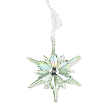 Christmas Transparent Plastic Pendant Decoration, for Christma Tree Hanging Decoration, with Iron Ring and Net Gauze Cord, Pale Green, Snowflake, 212mm, Snowflake: 125x105x12mm