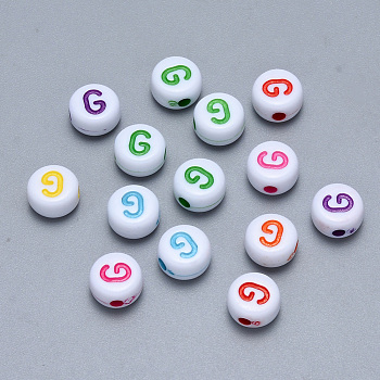 Craft Acrylic Horizontal Hole Letter Beads, Flat Round, Mixed Color, Letter.G, 7x3.5~4mm, Hole: 1.5mm, about 3600pcs/500g