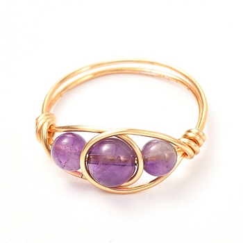 Copper Wire Wrapped Natural Amethyst Braided Bead Rings for Women, Real 18K Gold Plated, US Size 7 3/4, Inner Diameter: 18mm