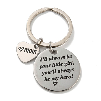 Mother's Day Gift 201 Stainless Steel Heart with Word Mom Keychains, with Iron Key Rings, Flat Round, 6cm