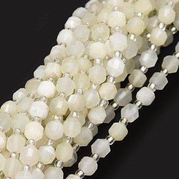 Grade A Natural White Moonstone Beads Strands, with Seed Beads, Faceted, Bicone, Double Terminated Point Prism Beads, 5~7x6mm, Hole: 0.8mm, about 48pcs/strand, 15.55 inch(39.5cm)