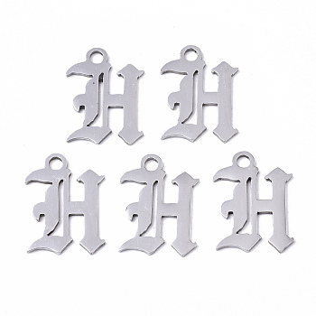 201 Stainless Steel Pendants, Laser Cut, Old English, Alphabet, Stainless Steel Color, Letter.H, 18x13x1mm, Hole: 2mm