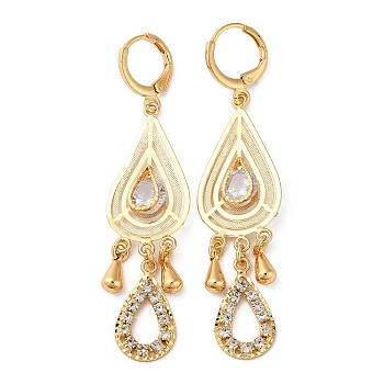 Brass Teardrop Chandelier Earrings with Rhinestone, Glass Drop Earrings for Women, Light Gold, 64x15.5mm