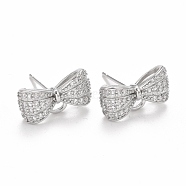 Rack Plating Brass Micro Pave Cubic Zirconia Earring Findings, with Loop, Cadmium Free & Lead Free, Long-Lasting Plated, Bowknot, Real Platinum Plated, 8x15x5mm, Hole: 1.7mm, Pin: 0.8mm(KK-C237-05P)