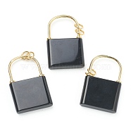 Natural Obsidian Pendants, with Golden Plated Brass Findings, Lock, 46.5~47x30x7mm, Hole: 6mm(G-B012-16G-01)