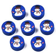 Handmade Polymer Clay Beads, Christmas Style, Flat Round with Snowman, Medium Blue, 9x4mm, Hole: 1.5mm(CLAY-N007-015)