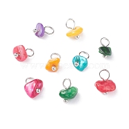Natural Chip Dyed Shell Charms, with Brass Loops, Mixed Colors, Platinum, 8~9x5~10x4.5~7mm, Hole: 3.5mm(PALLOY-JF01338-03)
