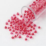 11/0 Grade A Round Glass Seed Beads, Transparent Inside Colours, Cerise, 2.3x1.5mm, Hole: 1mm, about 48500pcs/pound(SEED-N001-D-205)