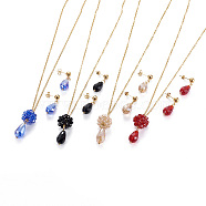 304 Stainless Steel Jewelry Sets, Pendant Necklaces and Stud Earrings, with Glass Beads, Flower with Teardrop, Golden, Mixed Color, 16.5~16.7 inch(42~42.5cm), 2mm, 28~29mm, Pin: 0.8mm(SJEW-F203-09-G)