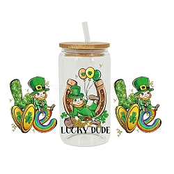 Saint Patrick's Day Theme PET Clear Film Green Shamrock Rub on Transfer Stickers for Glass Cups, Waterproof Cup Wrap Transfer Decals for Cup Crafts, Leprechaun, 110x230mm(PW-WG24181-04)