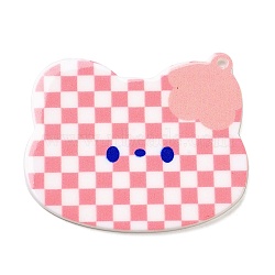Acrylic Pendants, Checkerboard with Cat, Pink, 49x45.5x2mm, Hole: 1.6mm(MACR-M028-03C)