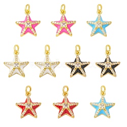10Pcs 5 Colors Rack Plating Brass Micro Pave Cubic Zirconia Pendants, with Enamel, Long-Lasting Plated, Real 18K Gold Plated, Cadmium Free & Lead Free, Starfish, Mixed Color, 18x16x4.5mm, Jump Ring: 6x1mm, Inner Diameter: 4mm, 2pcs/color(KK-SZ0006-06)