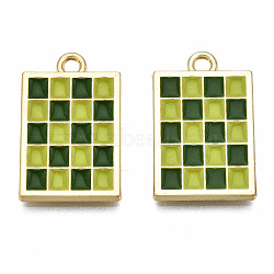 Rack Plating Alloy Checkerboard Pendants, with Enamel, Cadmium Free & Lead Free, Light Gold, Rectangle with Grid Pattern, Green, 22x13.5x2mm, Hole: 2mm(PALLOY-S132-256B-RS)