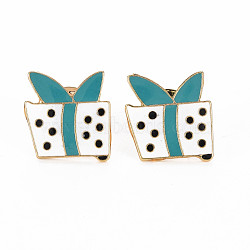 Gift Box Shape Enamel Pin, Alloy Brooch for Backpack Clothes, Cadmium Free & Lead Free, Light Gold, Dark Cyan, 19x18x11mm, Pin: 1mm(PALLOY-S132-288)