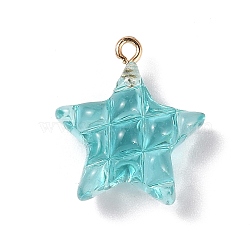 Transparent Resin Pendants, Star Charms with Light Gold Tone Alloy Loops, Turquoise, 23x20.5x9.5mm, Hole: 2mm(RESI-Z016-02F-LG)