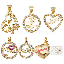 6Pcs 6 Style Mother's Day Brass Micro Pave Clear Cubic Zirconia Pendants, with Snap on Bails, Heart & Flat Round with Word Mama, Real 18K Gold Plated, 14.8~20x13~16x2~2.6mm, Hole: 2.6~5mm, 1pc/style(ZIRC-BBC0001-15)