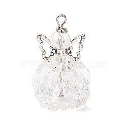 Glass Pendants, Angel Charm, with Tibetan Style Alloy Wing & Brass Pins & Seed Beaded, Faceted, Clear, 35x22mm, Hole: 2.5x4mm(PALLOY-MZ01272-01)
